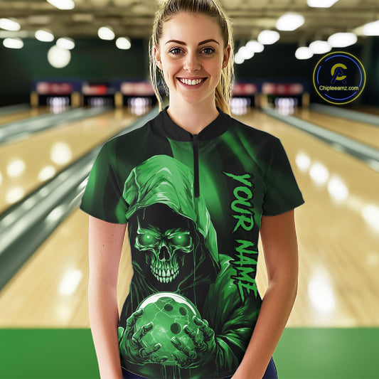 Green Bowling Grim Reaper Custom Women Bowling Quarter-Zip Shirts Skull Bowling Jerseys IPHW10698