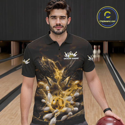 Custom Yellow Lightning Flame Dragons Bowling Men Polo Shirt, Fire Dragon Bowling Jerseys IPHW9818