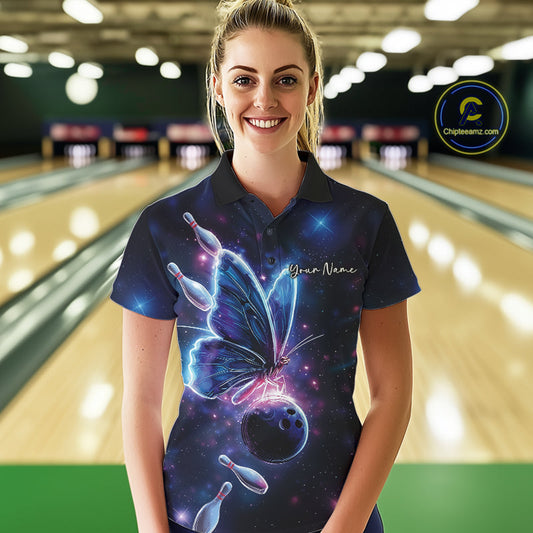 Custom Galaxy Butterfly Bowling Women Polo Shirts, Ladies Bowling Team Outfit IPHW10242