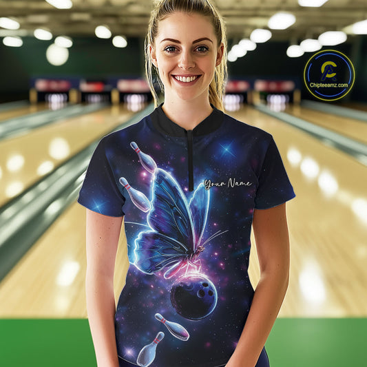 Custom Galaxy Butterfly Bowling Women Quarter-Zip Shirts, Ladies Bowling Outfit IPHW10242