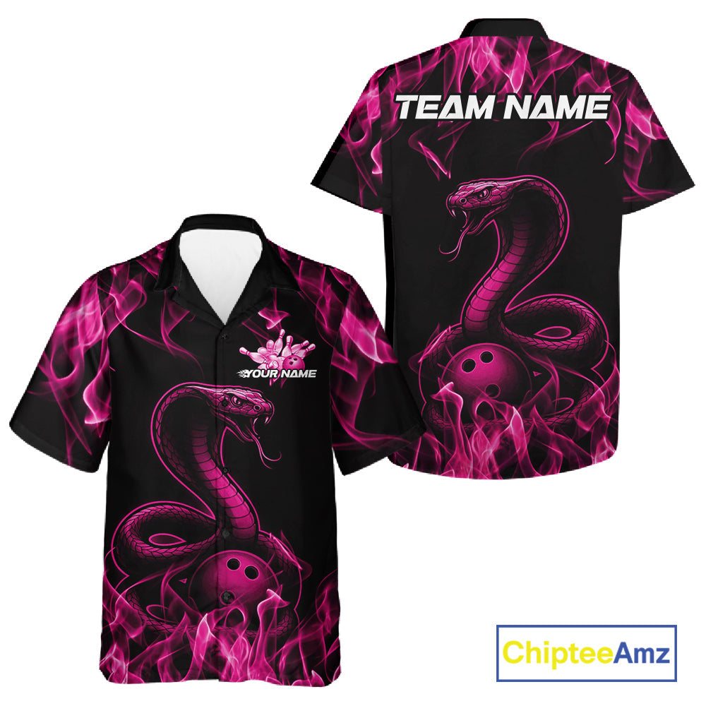 Custom Black And Pink Flame Cobra Snake Bowling Men And Women Shirts, Bowling League Shirt IPHW10766