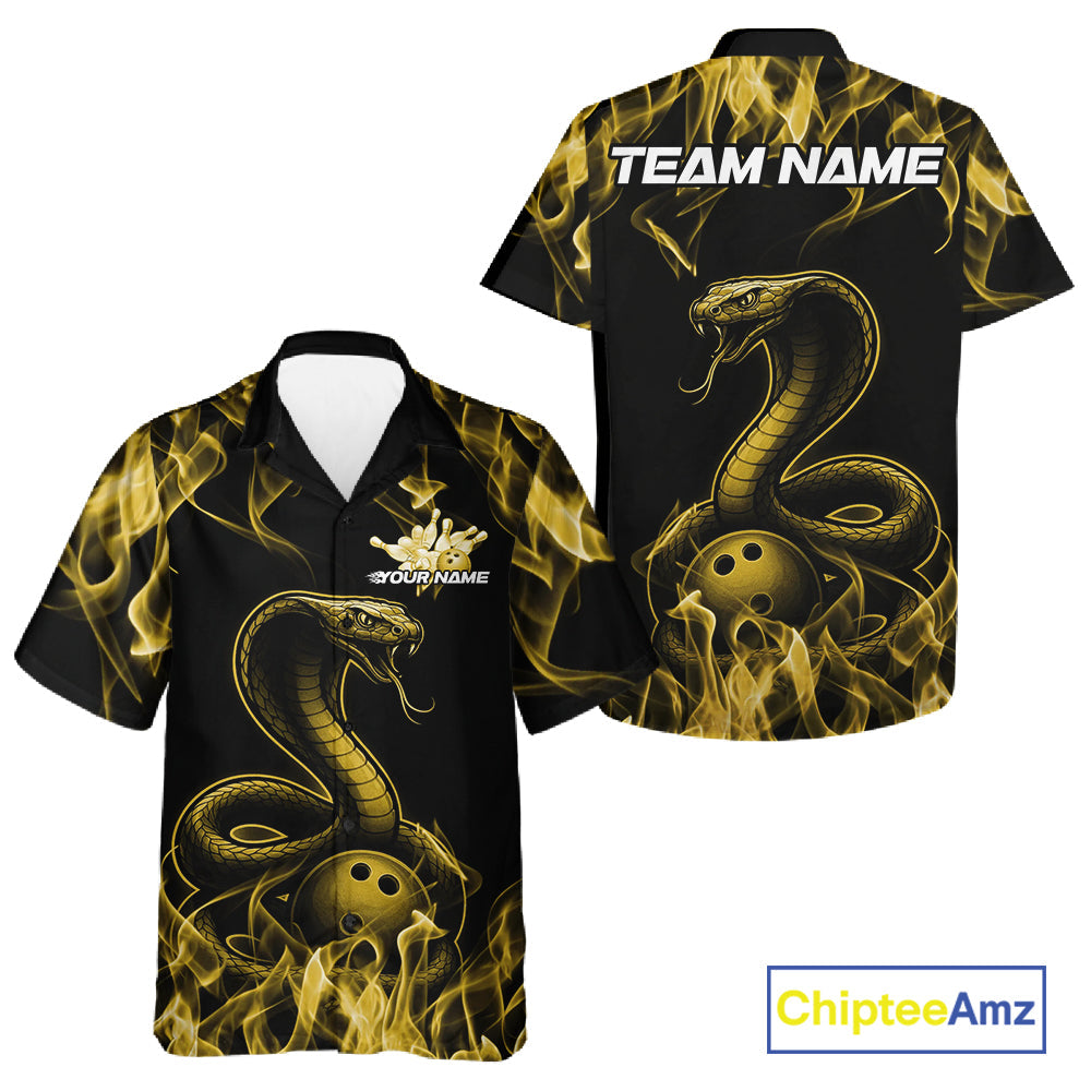 Custom Black And Yellow Flame Cobra Snake Bowling Men And Women Shirts, Bowling League Shirt IPHW10768