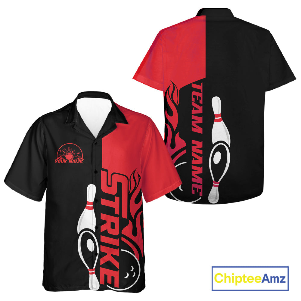 Custom Black And Red Flame Strike Bowling Men And Women Hawaiian Shirt, Bowling Tournament Shirt IPHW10252