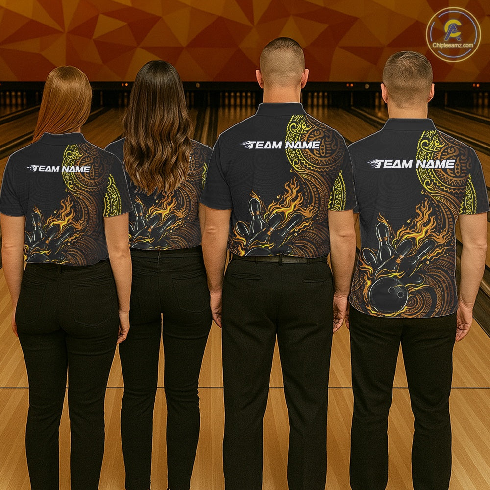 Custom Black And Yellow Tribal Flame Bowling Ball Bowling Team Shirts, Polynesian Bowling Tournament Shirt IPHW10497