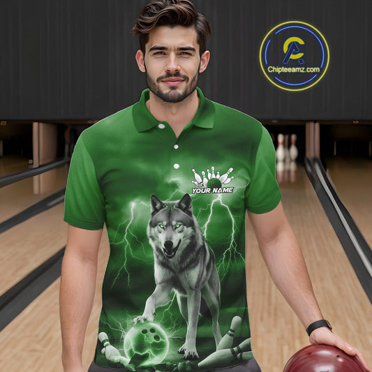 Custom Green Ligtning Wolf Bowling Team League Shirts For Men, Bowler Outfits IPHW10787