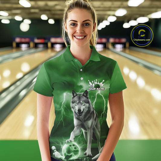 Custom Green Ligtning Wolf Bowling Team League Shirts For Women, Bowler Outfits IPHW10787
