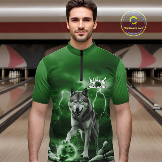 Custom Green Ligtning Wolf Bowling Team League Shirts For Men, Bowler Outfits IPHW10787