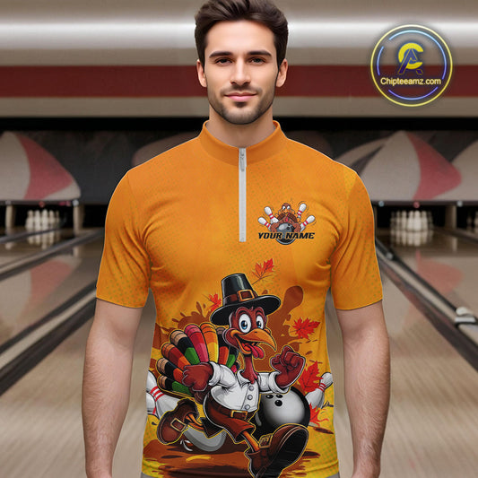 Custom Funny Thanksgiving Turkey Bowling Quarter-Zip Shirts For Men, Thanksgiving Bowler Outfit IPHW9724