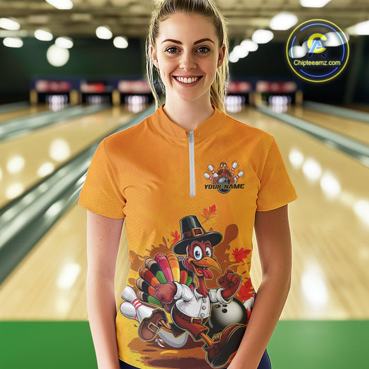 Custom Funny Thanksgiving Turkey Bowling Women Quarter-Zip Shirts, Thanksgiving Outfit IPHW9724