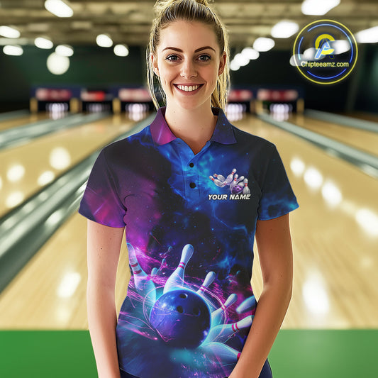 Custom Galaxy Bowling Women Polo Shirts, Holographic Bowling Jersey Bowling League Shirt IPHW9500