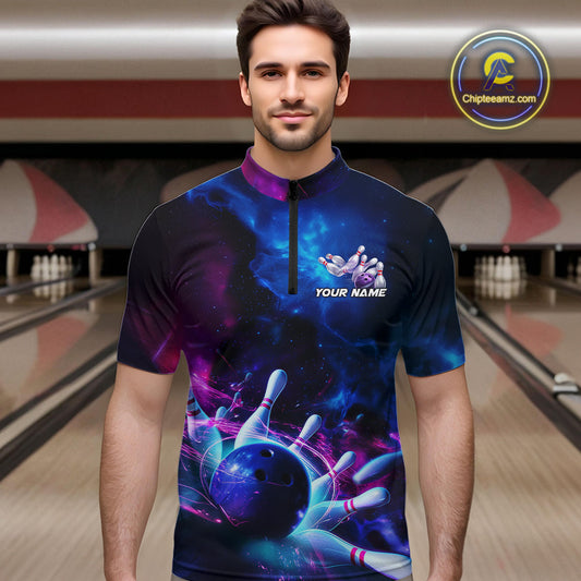 Custom Galaxy Bowling Men Quarter-Zip Shirts, Holographic Bowling Jersey Bowling League Shirt IPHW9500