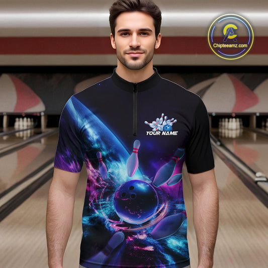 Custom Galaxy Bowling Men Quarter-Zip Shirts, Holographic Bowling Jersey Bowling League Shirt IPHW9501