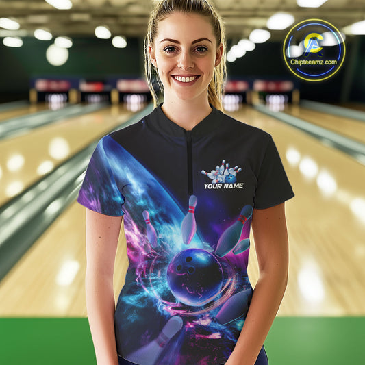 Custom Galaxy Bowling Women Quarter-Zip Shirts, Holographic Bowling League Shirt IPHW9501