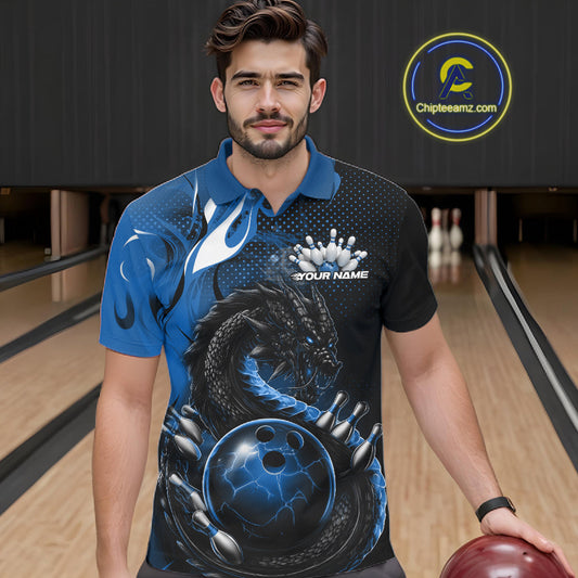 Custom Black And Blue Dragon Bowling Jerseys, Dragon Bowling Team Men Polo Shirt IPHW10268