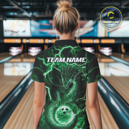 Custom Green Thunder Lightning Dragon Bowling Polo Shirts For Women, Team Uniform IPHW9759