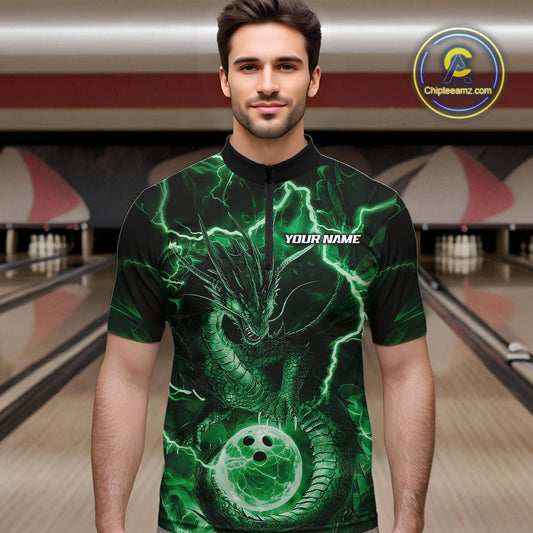 Custom Green Thunder Lightning Dragon Bowling Quarter-Zip Shirts For Men, Team Uniform IPHW9759