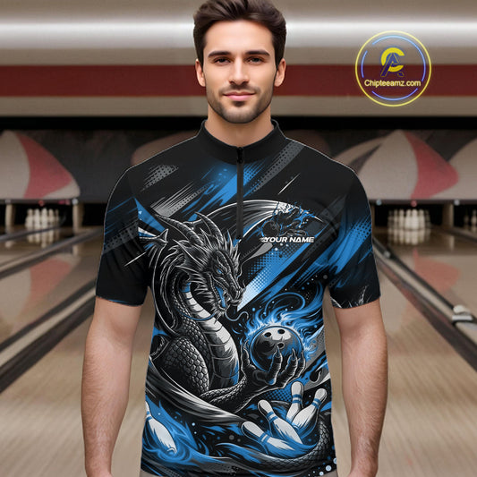 Personalized Black And Blue Dragon Bowling Team Jerseys, Dragon Bowling Quarter-Zip Shirt IPHW10300