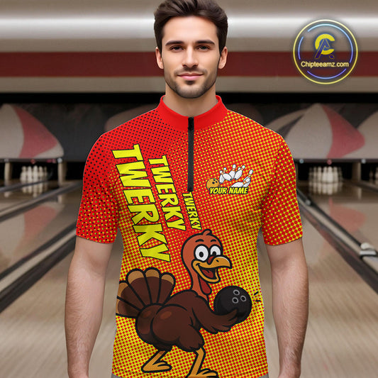 Custom Funny Twerky Turkey Bowling Quarter-Zip Shirts For Men, Thanksgiving Bowling Shirt IPHW9764