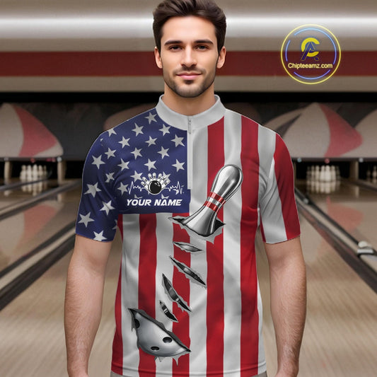 Custom US Flag Silver Bowling Ball And Pin Patriotic Bowling Shirts For Men Team Jerseys IPHW10588