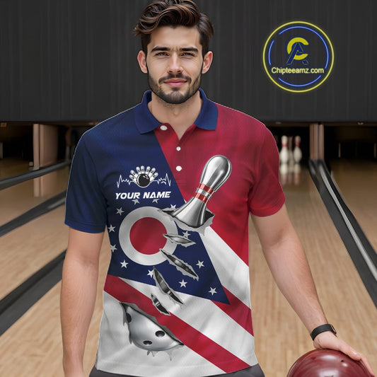 Custom Ohio State Flag Silver Bowling Ball And Pin Patriotic Bowling Shirts For Men IPHW10590