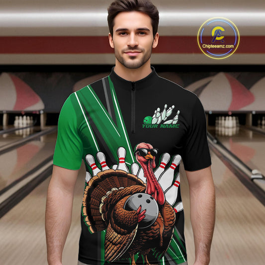 Black And Green Custom Funny Turkey Bowling Men Shirts, Bowling League Team Shirt IPHW10801