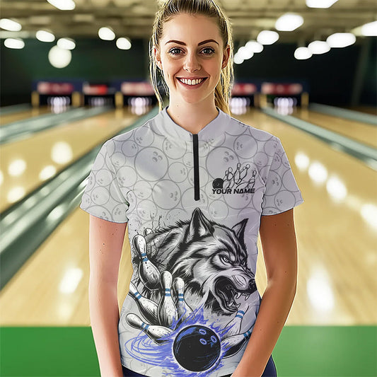 Custom Gray And Blue Wolf Bowling Womens Quarter-Zip Shirts, Wolf Bowling Tournament Shirt IPHW8718