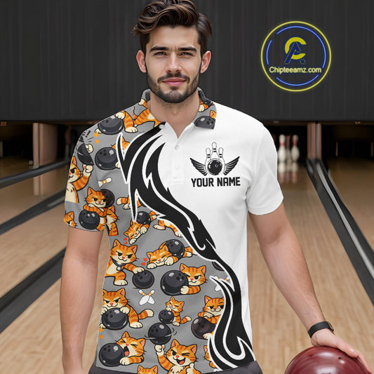 Custom Cute Funny Ginger Tabby Cat Bowling Men Polo Shirts, Cat Bowling Team Shirt IPHW10316