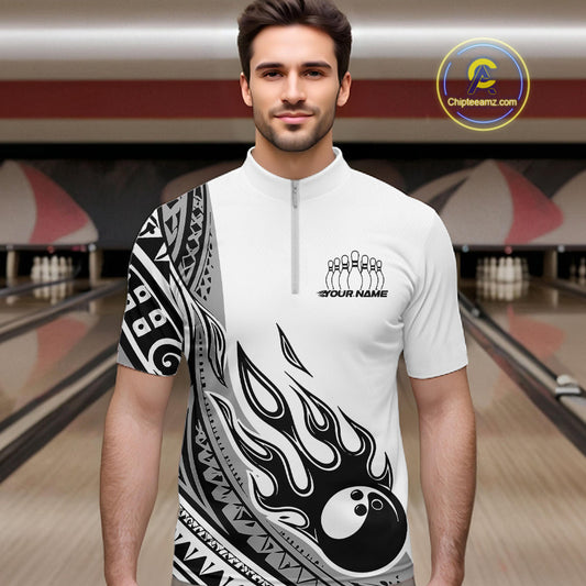 Custom Gray Tribal Polynesian Pattern Men Bowling Team Shirt, Maori Style Bowling Outfit IPHW10328