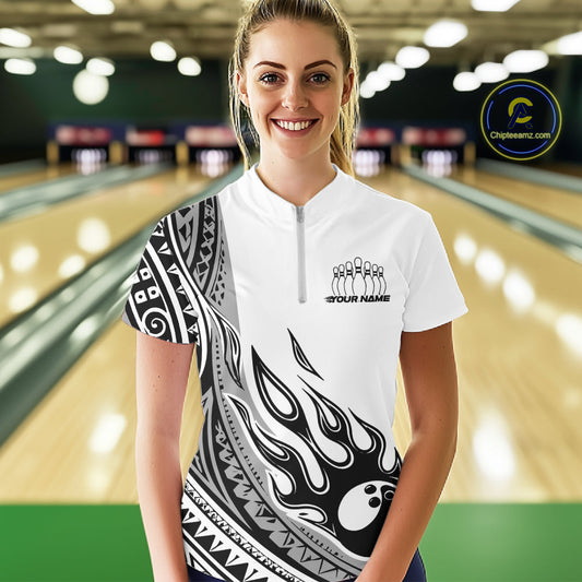 Custom Gray Tribal Polynesian Pattern Women Bowling Shirt, Maori Style Bowling Outfit IPHW10328
