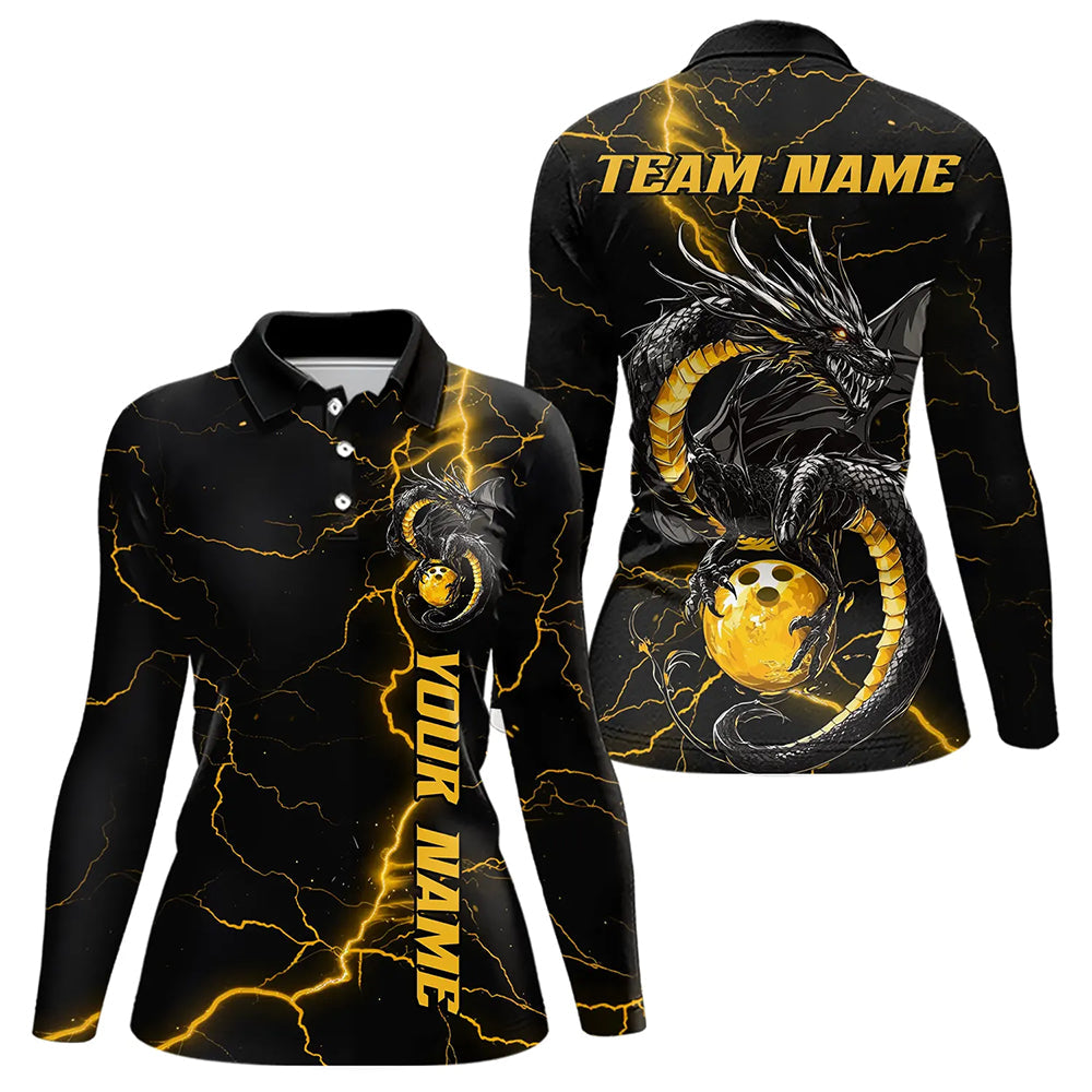 Custom Black And Gold Thunder Lightning Custom Dragon Bowling Women Long Sleeve Polo Shirts IPHW7309