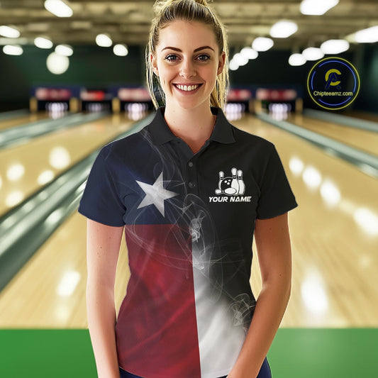 Custom Smoke Texas Flag Bowling Women Team Shirts, Patriotic Texas Bowling Jerseys IPHW10625