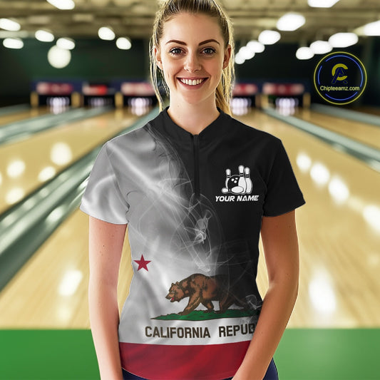 Custom Smoke California Flag Bowling Women Team Shirts, Patriotic Bowling Jerseys IPHW10629