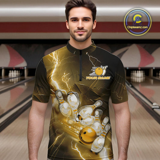 Custom Yellow Thunder Lightning Bowling Quarter-Zip Shirts For Men, Bowling League Shirt IPHW9795