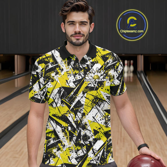 Custom Graffity Yellow Camo Bowling Team Men Polo Shirts, Camouflage Bowling Jerseys IPHW10217