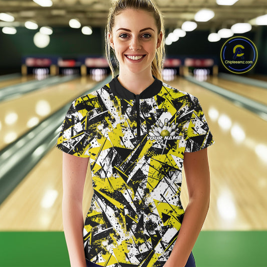 Custom Graffity Yellow Camo Bowling Team Women Shirts, Camouflage Bowling Jerseys IPHW10217