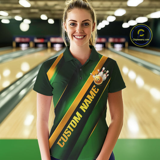 Custom Green And Gold Bowling Tournament Shirts For Women With Name, Bowler Outfit IPHW10647