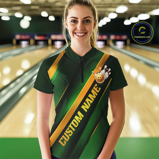 Custom Green And Gold Bowling Tournament Shirts For Women With Name, Bowler Outfit IPHW10647