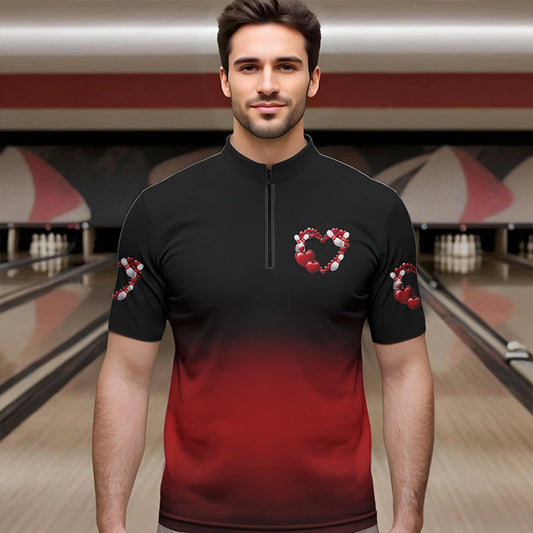 Black And Red Custom Valentines Day Bowling Quarter-Zip Shirts For Men, Bowling Couple Shirt IPHW8334
