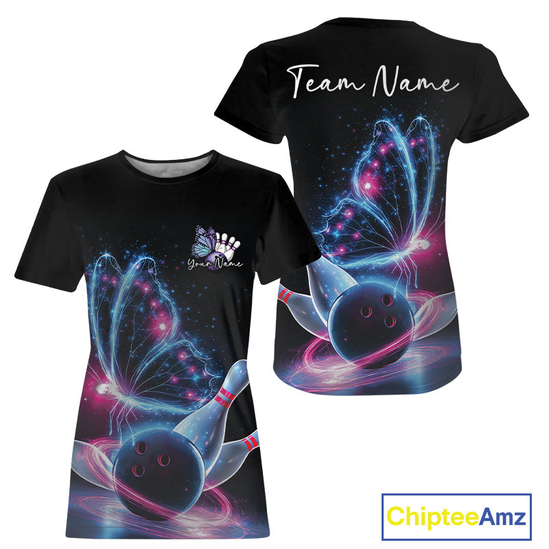 Custom Blue And Pink Galaxy Butterfly Bowling Women T-Shirts, Ladies Bowling Team Outfit IPHW10243