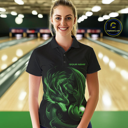 Custom Black And Green Dragon Bowling Shirts, Bowling League Shirt Dragon Women Jersey IPHW10705