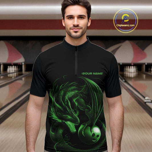 Custom Black And Green Dragon Bowling Shirts, Bowling League Shirt Dragon Men Jersey IPHW10705