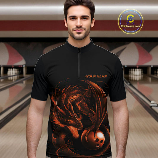 Custom Black And Orange Dragon Bowling Shirts, Bowling League Shirt Dragon Men Jersey IPHW10707