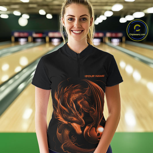 Custom Black And Orange Dragon Bowling Shirts, Bowling League Shirt Dragon Women Jersey IPHW10707