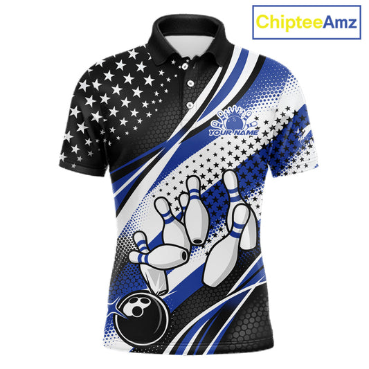Custom Black And Blue American Flag Patriotic Bowling Shirts, US Flag Bowling League Shirt Bowlers Outfit IPHW10451