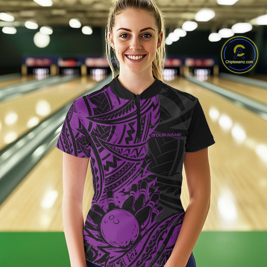 Custom Black And Purple Maori Style Koru Spiral Tribal Women Bowling Quarter-Zip Shirt IPHW10959