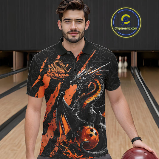 Custom Black And Orange Dragon Bowling Men Polo Shirts, Team Bowling Jerseys IPHW10748