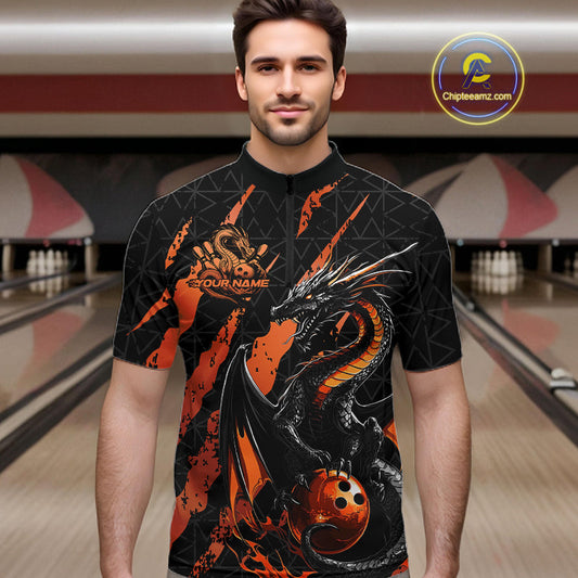 Custom Black And Orange Dragon Bowling Men Quarter-Zip Shirts, Team Bowling Jerseys IPHW10748