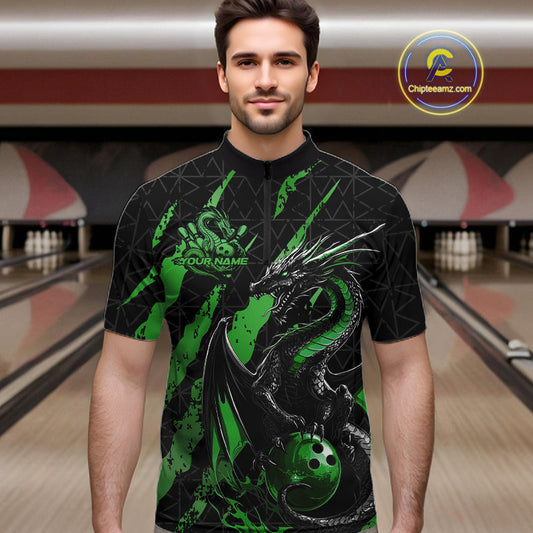 Custom Black And Green Dragon Bowling Men Quarter-Zip Shirts, Team Bowling Jerseys IPHW10750