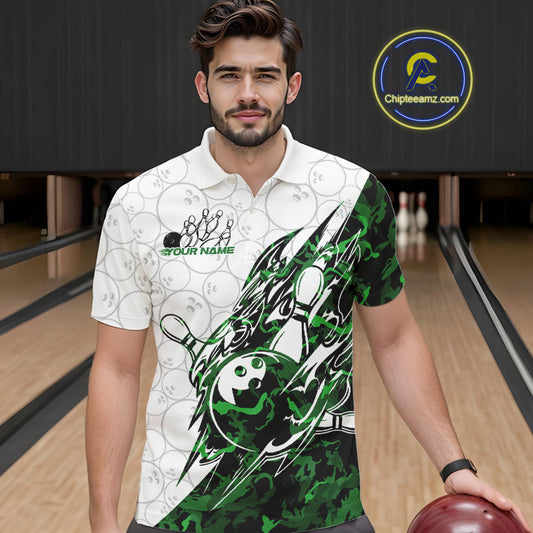 Male model wearing a white bowling polo shirt at the bowling lane with green camo bowling artwork and subtle ball patterns.