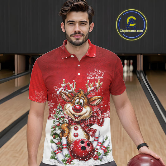 Custom Cute Funny Reindeer Christmas Bowling Men Polo Shirts, Xmas Team Bowling Outfit IPHW10115